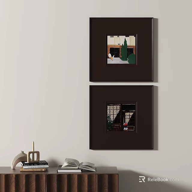 Abstract Paintings With Black Frames Hanging On Wall For Home Interior Decor 3d model