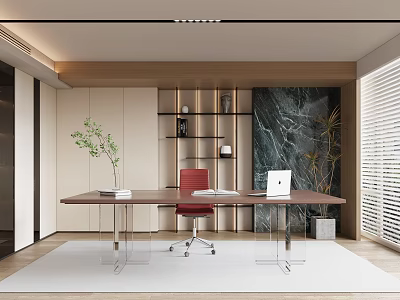 Modern Study Room Interior With Wooden Desk Red Chair Bookshelf And Green Plant 3d model