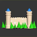 Cute Castle Model With Blue Top Towers Beige Walls And Green Trees On Green Base