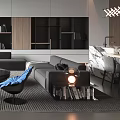 Modern Living and Dining Room Interior With Gray Sofa Coffee Table And Wooden Cabinets