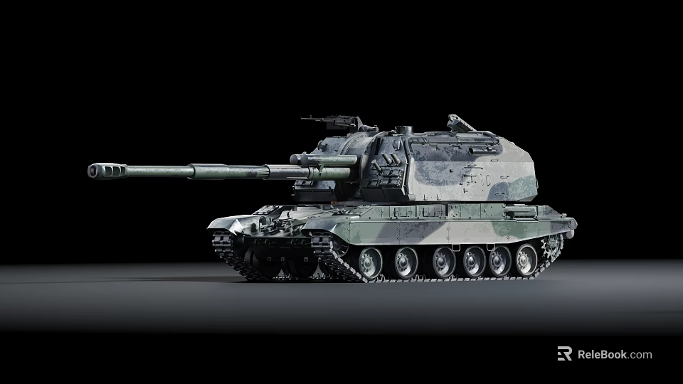 Military Camouflage Tank With Long Gun Barrel And Heavy Tracks On Dark Background 3d model 