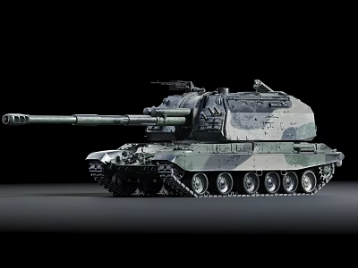 Military Camouflage Tank With Long Gun Barrel And Heavy Tracks On Dark Background 3d model