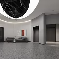 Modern Front Desk Reception Area With Circular Ceiling Light Sofa Seating And Decorative Art 3d model