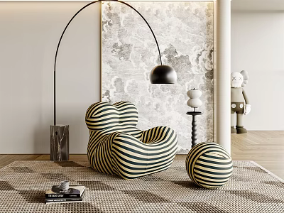 Black and White Striped Single Sofa with Round Ottoman Floor Lamp and Marble Textured Wall 3d model