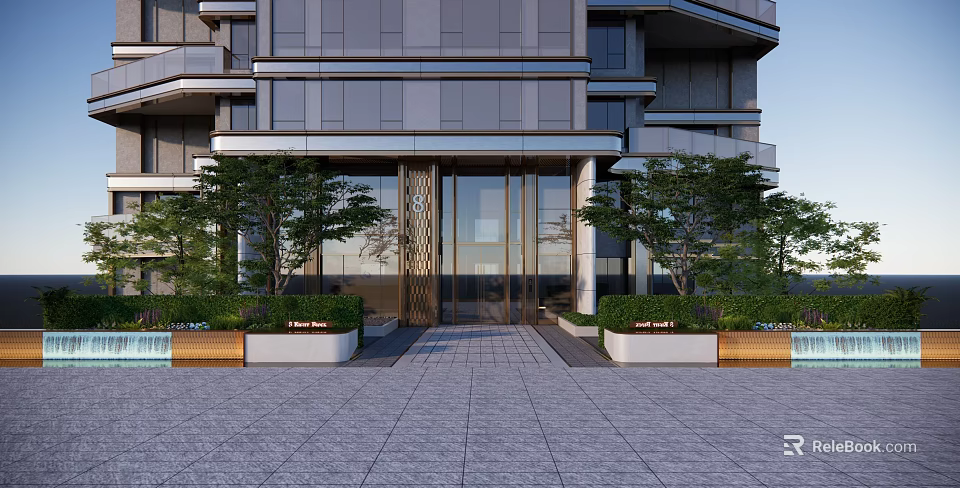 Modern Building Entrance Feature Wall With Glass Doors And Green Plants 3d model 