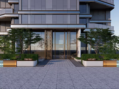 Modern Building Entrance Feature Wall With Glass Doors And Green Plants 3d model