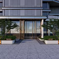 Modern Building Entrance Feature Wall With Glass Doors And Green Plants