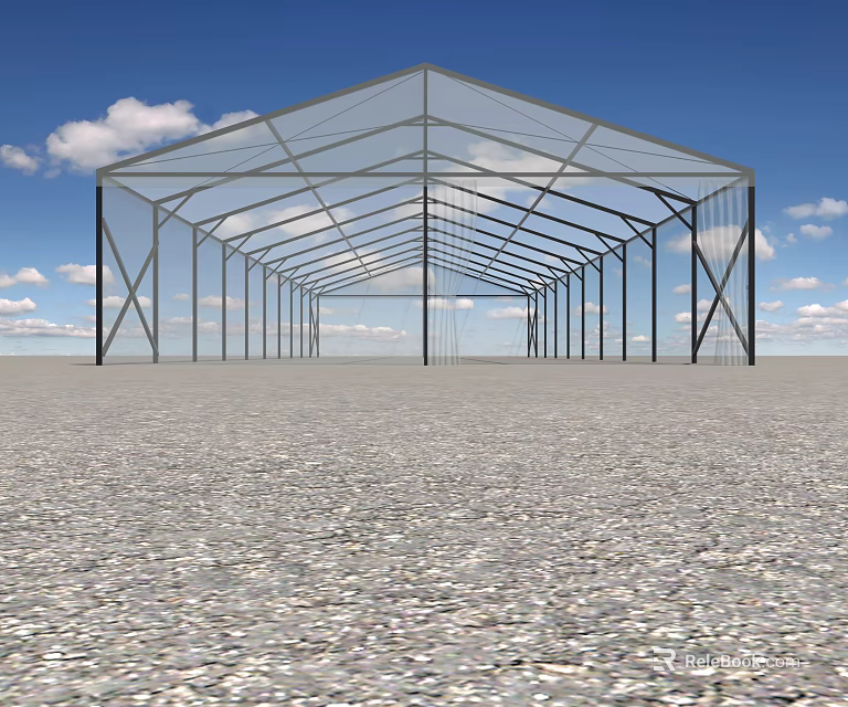 Transparent Large Tent Structure With Metal Frame Under Blue Sky And White Clouds 3d model