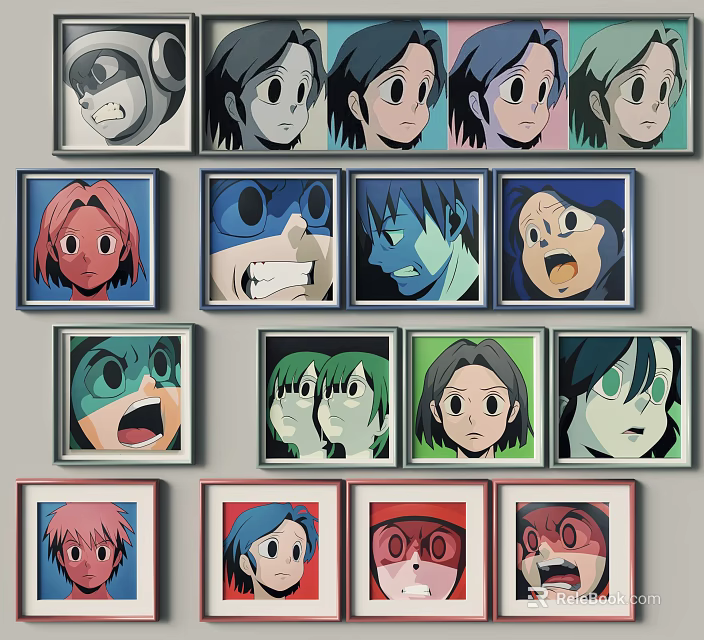 Anime Style Animal Paintings Framed In Various Colors Arranged Neatly On Wall 3d model 