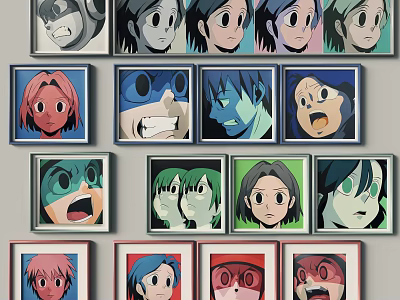 Anime Style Animal Paintings Framed In Various Colors Arranged Neatly On Wall 3d model