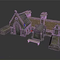 Ancient Stone Gothic Church Models With Tombstones Bench And Stone Wall