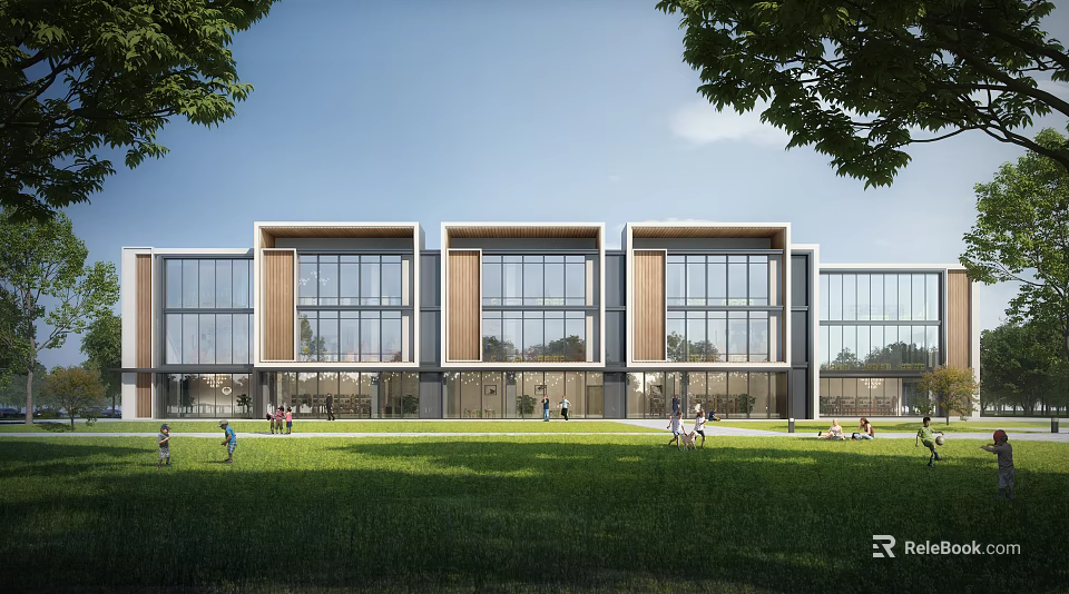 Modern Townhouse Exterior With Large Glass Windows Wooden Accents And Green Lawn Area 3d model 
