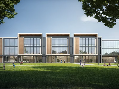 Modern Townhouse Exterior With Large Glass Windows Wooden Accents And Green Lawn Area 3d model