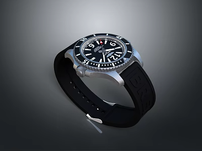 Stylish Wristwatch With Black Dial White Numerals Silver Case And Rubber Strap 3d model