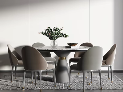 Modern Round Dining Table Set With Marble Top Gray Chairs Green Plant And Gray Rug 3d model