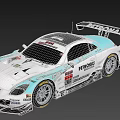 Nissan White And Teal Racing Car With Rear Wing And Sponsor Logos