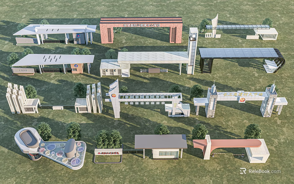 Various Entrance Gate Architectural Designs With Structural Elements And Landscaping 3d model
