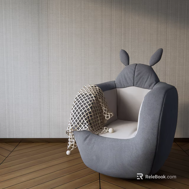 Gray Rabbit Ears Design Single Sofa With Knitted Blanket And Pom Pom On Wooden Floor 3d model 