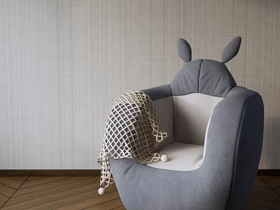 Gray Rabbit Ears Design Single Sofa With Knitted Blanket And Pom Pom On Wooden Floor 3d model