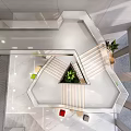 Sleek Bright Modern Office Lobby Reception With Marble Counter And Stylish Geometric Ceiling Design