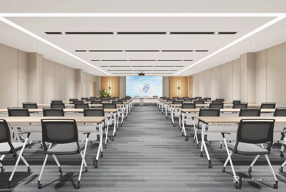School Modern Conference Room With Organized Desks And Projector 3d model 