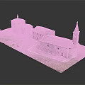 European Architecture Model With Tower Red Tiled Roofs Stone Walls And Green Lawn