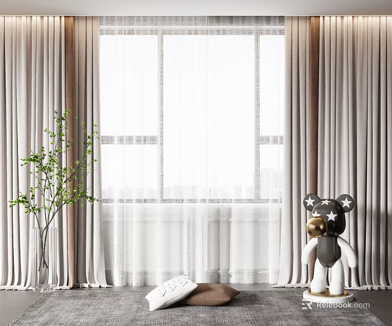 Beige Double Layer Curtains With Sheer Fabric Green Plant And Decorative Bear In Modern Interior 3d model 