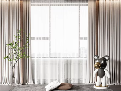 Beige Double Layer Curtains With Sheer Fabric Green Plant And Decorative Bear In Modern Interior 3d model