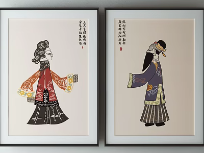 Traditional Chinese Shadow Puppet Characters in Framed Decorative Artworks with Traditional Attire 3d model