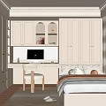 Modern Bedroom Interior Design With White Cabinets Desk Computer And Bed 3d model