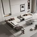 Modern Living Room Sofa and Coffee Table Set With Beige Dark Accents and Natural Light