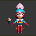 3D Cartoon Game Character With Pink Bun Hairstyle Blue Red Outfit And Small Round Companion