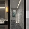 Modern Elegant Public Toilet With Marble Tiled Walls Illuminated Glass Partitions And Exquisite Wall Painting