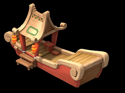 Traditional Chinese Wooden Boat With Decorative Roof And Red Lanterns On Deck 3d model