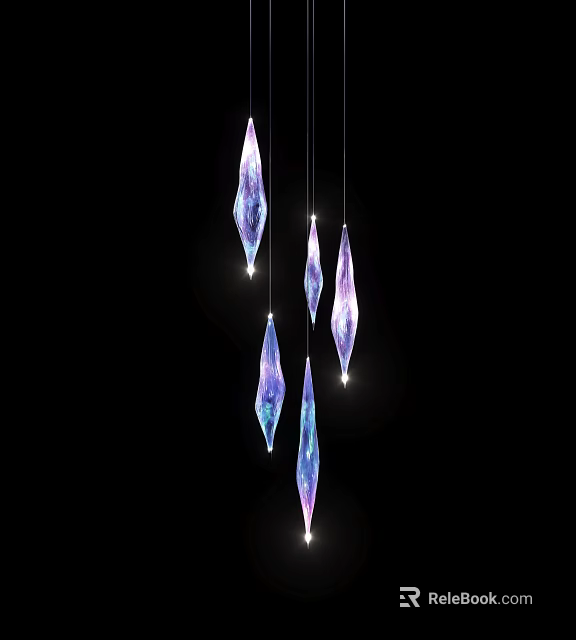 Five Diamond Shaped Purple And Blue Gradient Pendant Lights Glowing On Black Background 3d model 