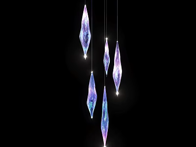Five Diamond Shaped Purple And Blue Gradient Pendant Lights Glowing On Black Background 3d model