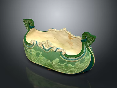 Vintage Green Carved Water Transport Model Boat With Cream Accents And Prow Decorations 3d model