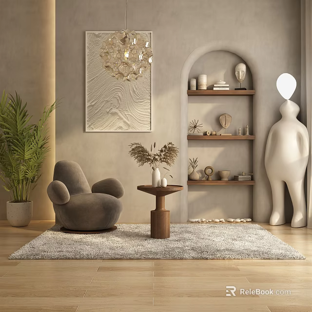 Modern Elegant Gray Single Sofa Interior With Wooden Side Table And Soft Rug 3d model 