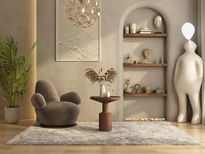 Modern Elegant Gray Single Sofa Interior With Wooden Side Table And Soft Rug 3d model