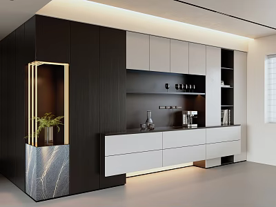 Modern Black and White Sideboard with Marble Top Light Strip and Plant Decoration 3d model