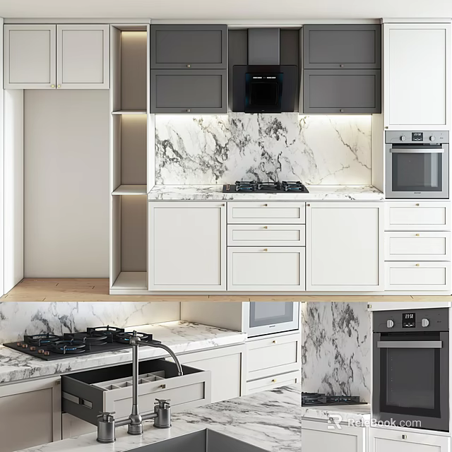 Modern White Kitchen Interior With Marble Countertop Cabinets And Appliances 3d model 