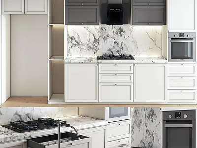 Modern White Kitchen Interior With Marble Countertop Cabinets And Appliances 3d model