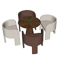 Four Modern Accent Chairs With Round Wooden Table And Small Potted Plant
