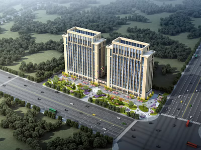 Twin Modern High Rise Residential Buildings With Lush Green Landscaping And Road Access 3d model