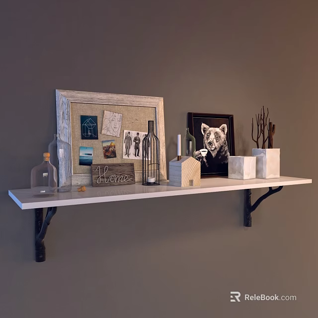 White Wall Mounted Shelf With Black Metal Brackets And Decorative Items On Gray Wall 3d model 