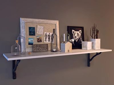 White Wall Mounted Shelf With Black Metal Brackets And Decorative Items On Gray Wall 3d model