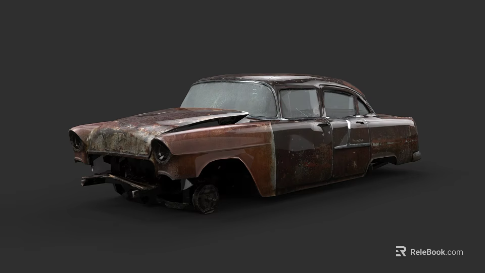 Old Rusted Damaged Car Body With Broken Parts And Vintage Design 3d model 