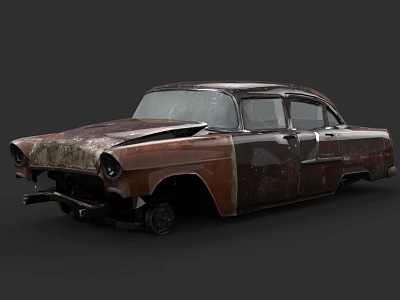 Old Rusted Damaged Car Body With Broken Parts And Vintage Design 3d model