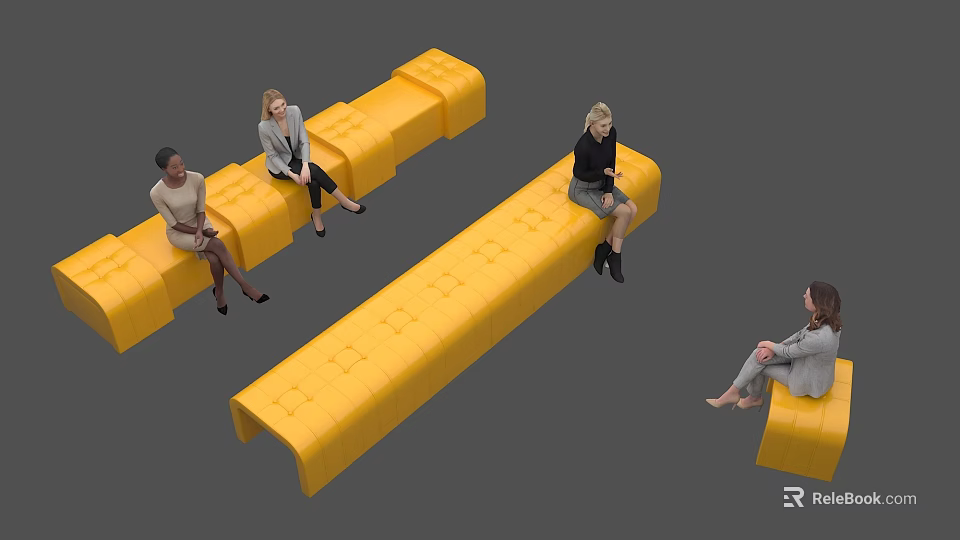 Modern Yellow Bench With Stylish Design And People Seated In Contemporary Interior 3d model 