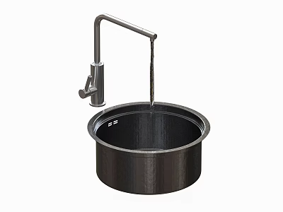 Stainless Steel Round Kitchen Sink With Faucet Water Flowing In Modern Kitchen 3d model